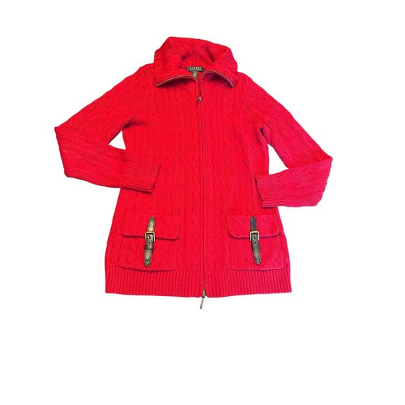 Ralph Lauren Red Cable Knit Cardigan Sweater Buckle Pockets M Equestrian - Picture 1 of 5